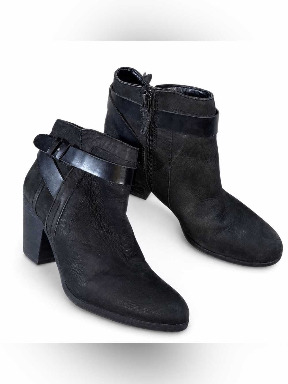Franco Sarto Black Leather Ankle Booties | Wrap Strap | Block Heel | Size 9